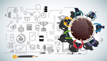 Businessman and woman brainstorm success with  Coffee cup,  plan,think,search,analyze,communicate, futuristic idea innovation technology modern.vectorのイラスト素材