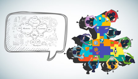 Businessman and woman brainstorm success with  jigsaw human head,  plan,think,search,analyze,communicate, futuristic idea innovation technology modern.vectorのイラスト素材
