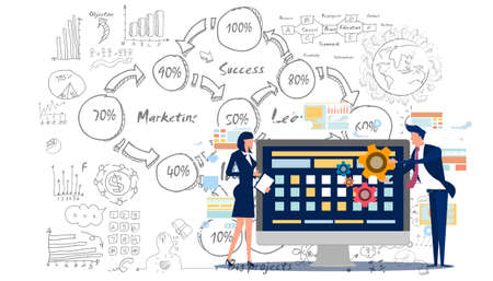 Man and woman think analyzing growth charts. flat design illustration Creativity modern Idea and Concept Vector.のイラスト素材