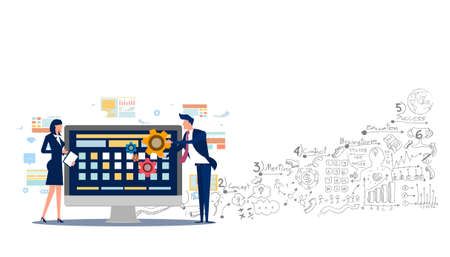 Man and woman think analyzing growth charts. flat design illustration Creativity modern Idea and Concept Vector.のイラスト素材