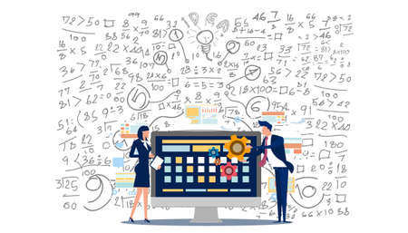 Man and woman think analyzing growth charts. flat design illustration Creativity modern Idea and Concept Vector.のイラスト素材