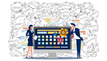 Man and woman think analyzing growth charts. flat design illustration Creativity modern Idea and Concept Vector.のイラスト素材