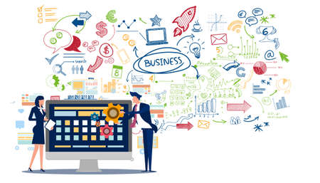 Man and woman think analyzing growth charts. flat design illustration Creativity modern Idea and Concept Vector.のイラスト素材