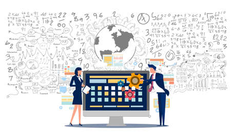 Man and woman think analyzing growth charts. flat design illustration Creativity modern Idea and Concept Vector.のイラスト素材