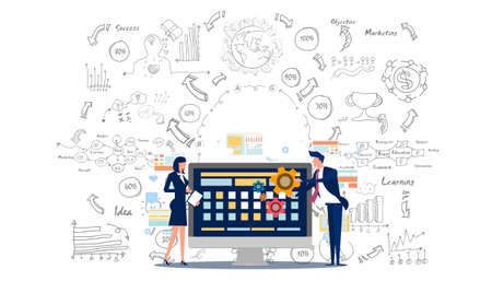 Man and woman think analyzing growth charts. flat design illustration Creativity modern Idea and Concept Vector.のイラスト素材
