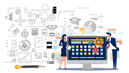 Man and woman think analyzing growth charts. flat design illustration Creativity modern Idea and Concept Vector.のイラスト素材