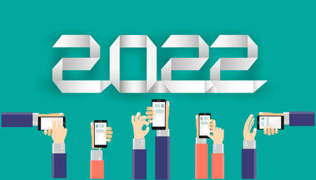 Happy new year  2022 text and Hand Businessman  working with Cellphone,Contact communicate...