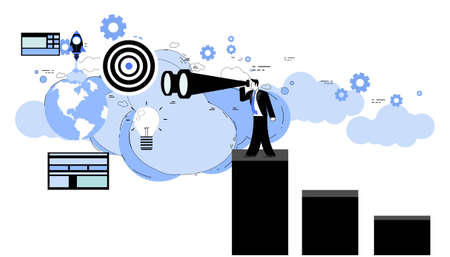 Businessman holds telescope foresight and The Dream Team. Group of business persons working.idea and concept creativity illustration business  innovation technology modern.のイラスト素材