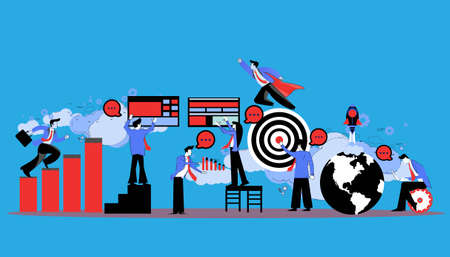 businessman running  with businessmen workers flying to success. foresight in the year 2022.idea and concept creativity illustration business.のイラスト素材