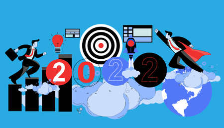businessman running  with businessmen workers flying to success. foresight in the year 2022.idea and concept creativity illustration business.のイラスト素材
