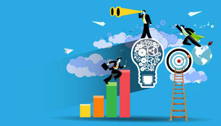 Businessman holds telescope foresight.businessman running  with businessmen workers flying to success.idea and concept creativity illustration business.のイラスト素材