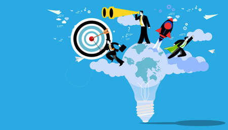 Businessman holds telescope foresight.businessman running  with businessmen workers flying to success.idea and concept creativity illustration business.のイラスト素材