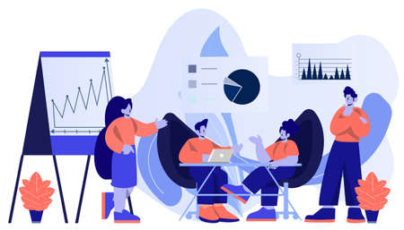 Vector flat illustration.businessperson work in open space office.workplace for teamwork.meeting and freelance job.のイラスト素材