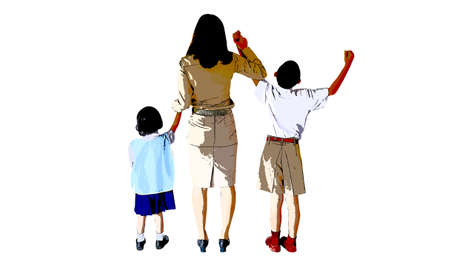 Teacher hand in hand male student, female student,Thailand, Back  to school,open semester to school,illustration.design idea and concept think creativity.のイラスト素材