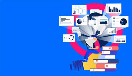 Business Man Use tablet think analyze flat design illustration Creativity modern Idea and Concept Vector infographic template.のイラスト素材