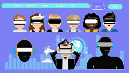 People using technology  virtual reality glasses. modern design  Social network,success,plan,think,search,analyze,communicate, futuristic idea innovation technology.のイラスト素材