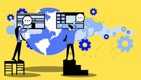 Businessman and woman brainstorm with world.icon set idea and concept creativity illustration...
