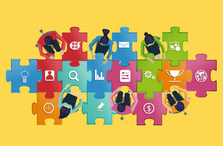 Businessman and  Lady Brainstorming.Per Jigsaw Pictures of Success. modern design Idea Concept. flat vector illustrationのイラスト素材