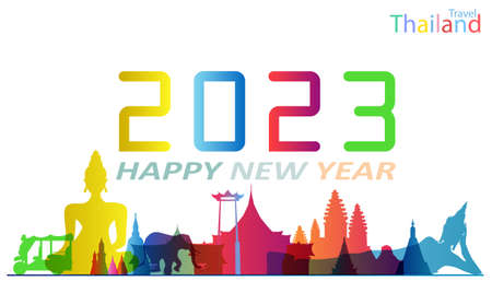Happy New Year 2023 text design.Gradient Landmark Travel Thailand.banner. Vector. illustration.のイラスト素材