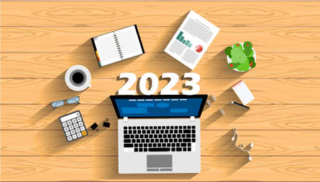 Work Accessories and  Laptop -  Label 2023 text  -  modern Idea and Concept Vector illustration...