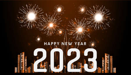 Happy new year  2023  text - Elegant Christmas Background,Light bulb, Ball, snow.の写真素材