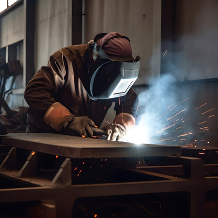 Industrial worker with protective mask welding metal at factory. Metalwork and construction concept. Generative AIの素材