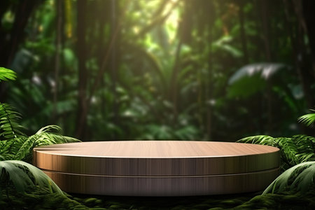3D render of wooden podium for product display in the jungle. Generative AIの素材