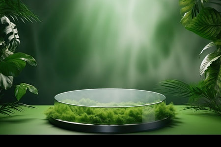3d render of podium for product display with green leaves background. Generative AIの素材