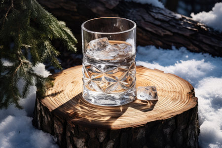 Glass of vodka on a wooden stump in the forest in winter. Generative AIの素材