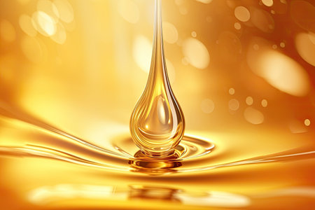 golden oil, serum or honey drop on a golden background. 3d rendering illustration. Generative AIの素材
