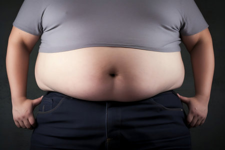 Fat man with overweight on black background, closeup of fat belly. Generative AIの素材
