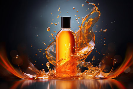 Mockup bottle of perfume with splashes on a black background, product for advertising. Generative AIの素材