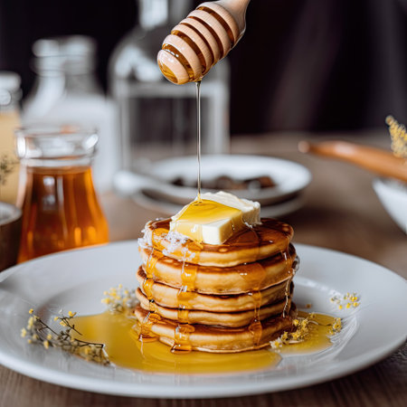 Stack of pancakes with butter and honey on a wooden table in a restaurant. Generative AIの素材