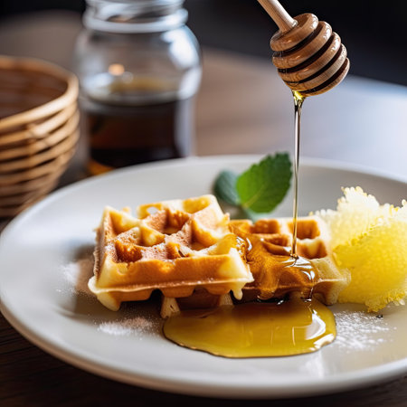 Belgian waffles with honey and lemon on a wooden table. Generative AIの素材