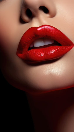 Close-up portrait of beautiful woman's lips with red lipstick. Generative AIの素材
