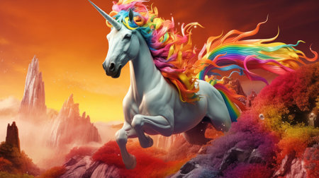 Unicorn with rainbow mane flying over fantasy landscape. 3D rendering. Generative AIの素材