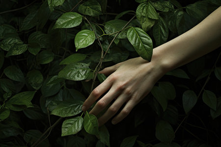 Woman's hand with green leaves on dark background. Nature concept,for advertising. Generative AIの素材