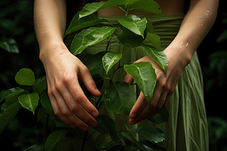 Closeup of woman hands holding green leaves on dark background, for advertising. Generative AIの素材