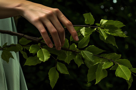 Female hand on a branch of a tree with green leaves in the forest, for advertising. Generative AIの素材