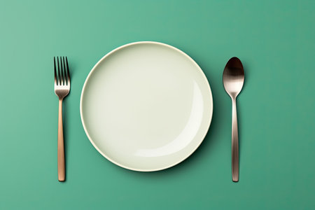 Empty plate with spoon and fork on green background. Top view. Generative AIの素材