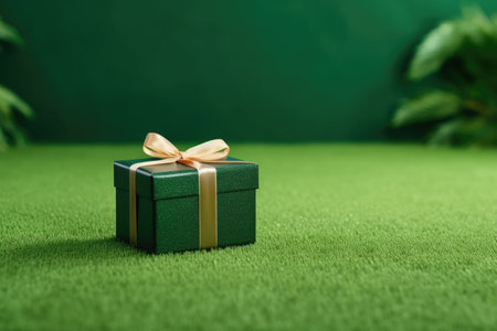 Green gift box on green grass with copy space. Holiday concept.Generative AIの素材