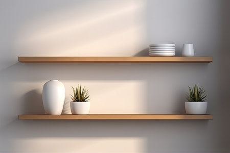 3d rendered bookshelves with vases and potted plants.Generative AIの素材