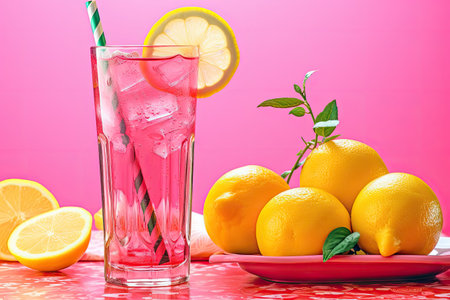 Glass of fresh lemonade with ice cubes and lemon slices on pink background.Generative AIの素材