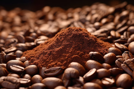 Coffee beans and ground coffee on dark background. Close up. Generative AIの素材