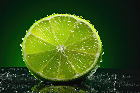 Fresh lime with water drops on dark green background, close-up. Generative AIの素材