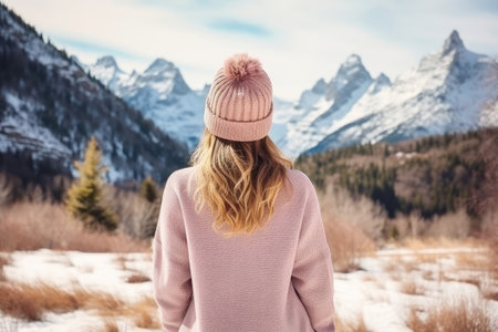 Young woman with blond hair in pink sweater and hat looking at snowy mountains. Generative AIの素材