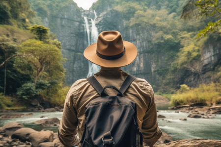 Man traveler with backpack and hat looking at waterfall in the jungle.Generative AIの素材