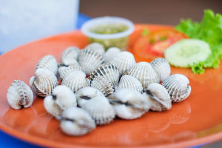 The fresh cockles serve on orange dish with seafood sauce, tomato and cucumber for background.の写真素材