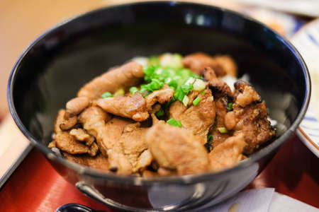 Rice with grilled pork teriyaki and spring onion on top in the black plastic bowl under the red tray...