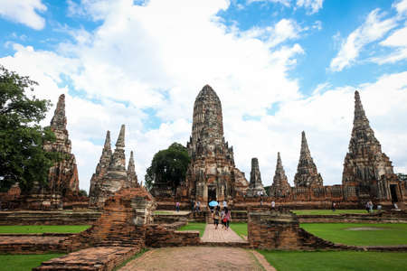 Ayutthaya Province, Thailand - September 2, 2017 : High prang in Khmer style with four smaller prangs, construction stands on rectangular platform at Wat Chaiwatthanaram - vintage & history concept.のeditorial素材
